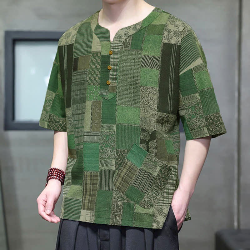 Buddha Stones Koszule męskie z krótkim rękawem i kieszenią naszytą, w stylu boho, w kratę i letnie, swobodne, z łatkami - ForestGreen - US/UK/AU46, EU56 (5XL) - image 0