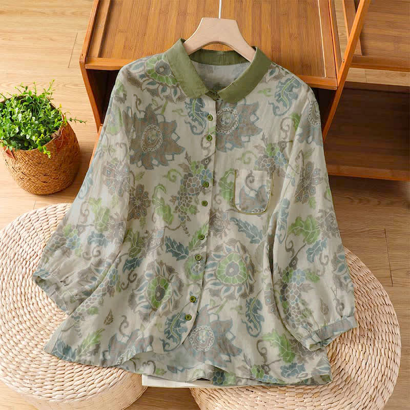 Buddha Stones Koszule damskie z długim rękawem i kieszeniami, wiosenne i letnie, w kwiaty, zapinane na guziki - DarkSeaGreen - US8-10, UK/AU12-14, EU40-42 (2XL) - image 0