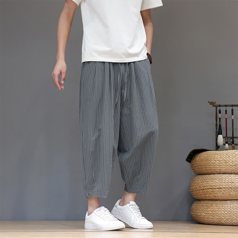 Buddha Stones Letnie, swobodne, minimalistyczne spodnie capri z bawełny i lnu w paski, zwężane, męskie, z kieszeniami - Łupkowoszary - US/UK/AU46, EU56 (5XL) - image 0