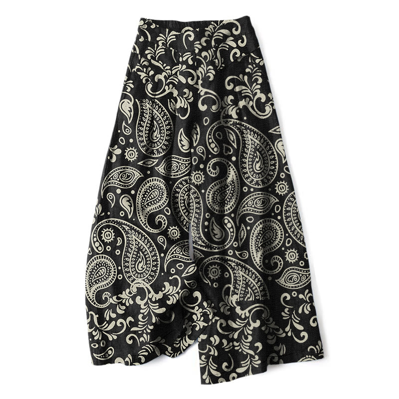 Buddha Stones Spodnie damskie z szerokimi nogawkami i elastyczną talią, wzorem paisley w stylu vintage, z bawełny i lnu, z kieszeniami - Czarny - US16, UK/AU20, EU48 (3XL) - image 0