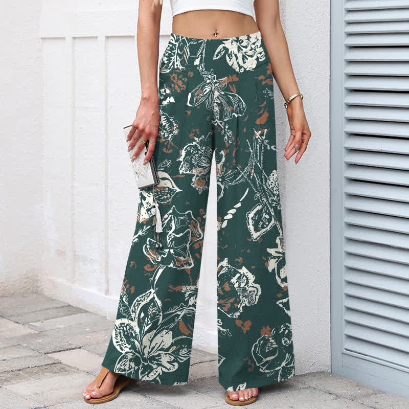 Buddha Stones Spodnie damskie z szerokimi nogawkami i elastyczną talią, z szerokimi nogawkami i kieszeniami, w kolorze białym, z kwiatowym wzorem w stylu vintage - image 1