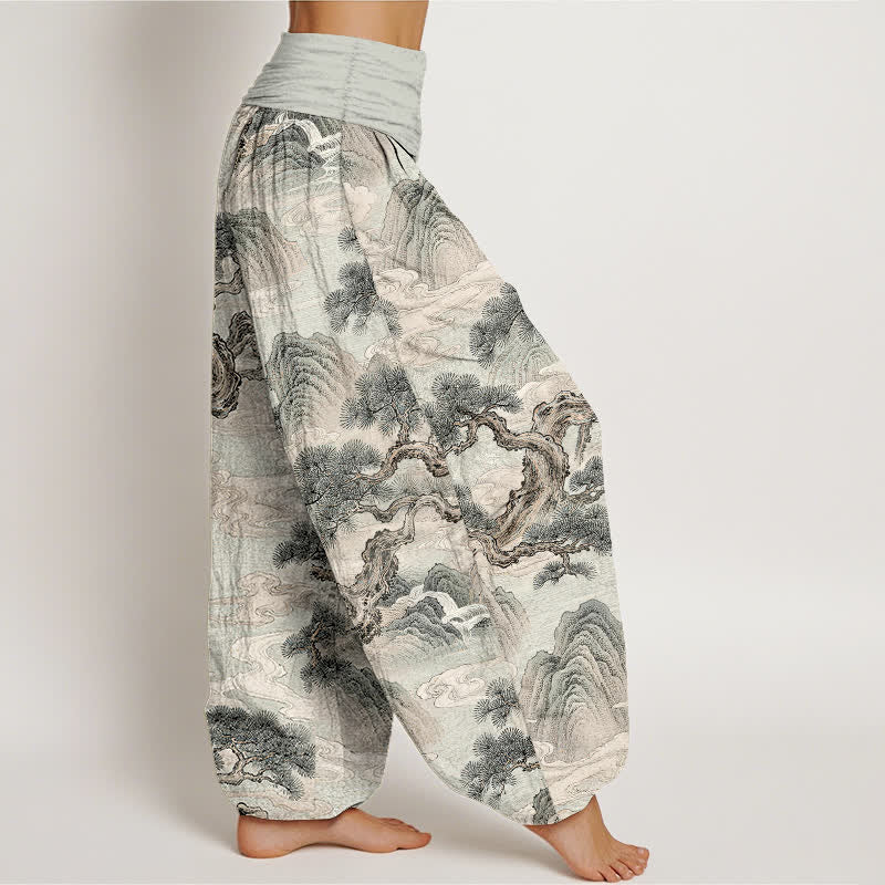 Buddha Stones Spodnie damskie typu harem z elastycznym pasem i nadrukiem w kwiaty w stylu „Bawełna Ink Wash” - image 1