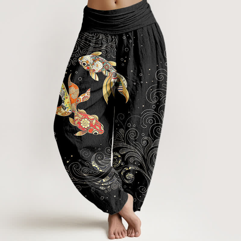 Buddha Stones Spodnie damskie haremowe z bawełny z motywem zawijasów w ryby Koi - Czarny - US16, UK/AU20, EU48 (3XL) - image 0