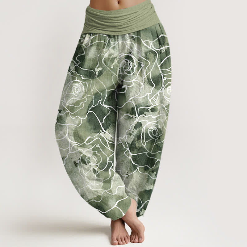 Buddha Stones Bawełniane spodnie damskie typu harem z elastycznym pasem i białym konturem w róże - DarkSeaGreen - US16, UK/AU20, EU48 (3XL) - image 0