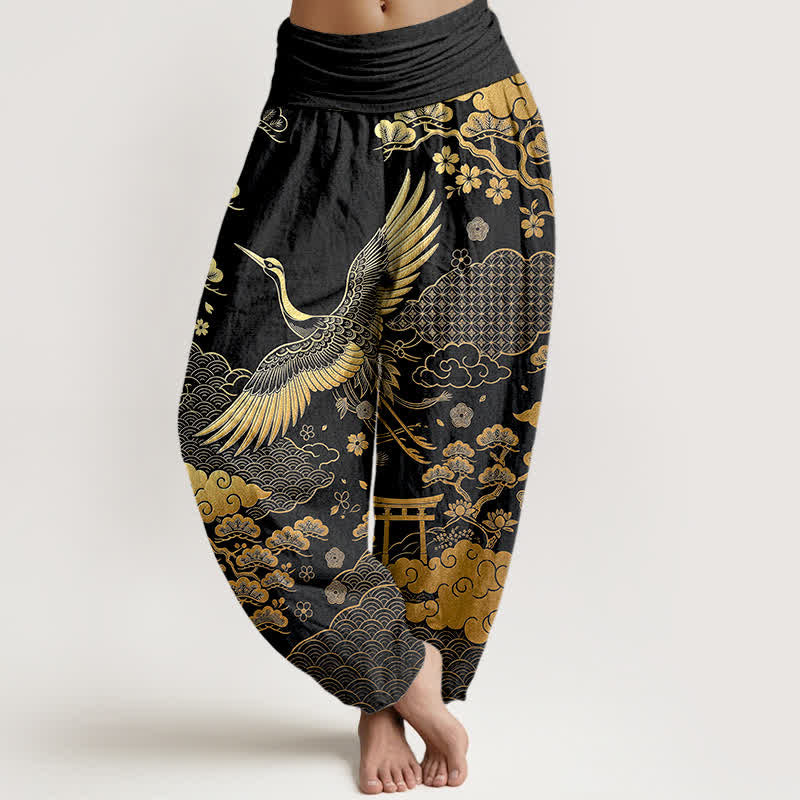 Buddha Stones Bawełniane spodnie damskie typu harem z elastyczną talią i wzorem w chmury w kolorze złotym żurawia - Czarny - US16, UK/AU20, EU48 (3XL) - image 0