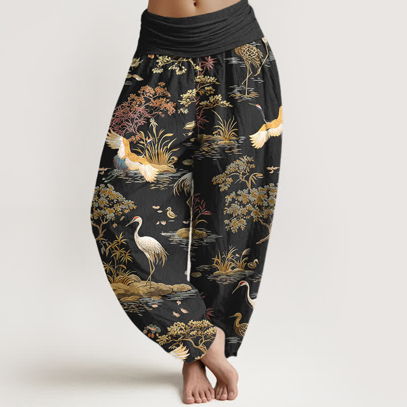 Buddha Stones Spodnie damskie typu harem z bawełny z nadrukiem w kwiaty i elastyczną talią - Czarny - US16, UK/AU20, EU48 (3XL) - image 0