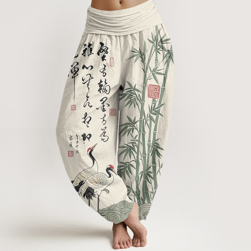 Buddha Stones Spodnie damskie haremowe z elastycznej talii z bawełny bambusowej z wzorem żurawia - Kość słoniowa - US16, UK/AU20, EU48 (3XL) - image 0