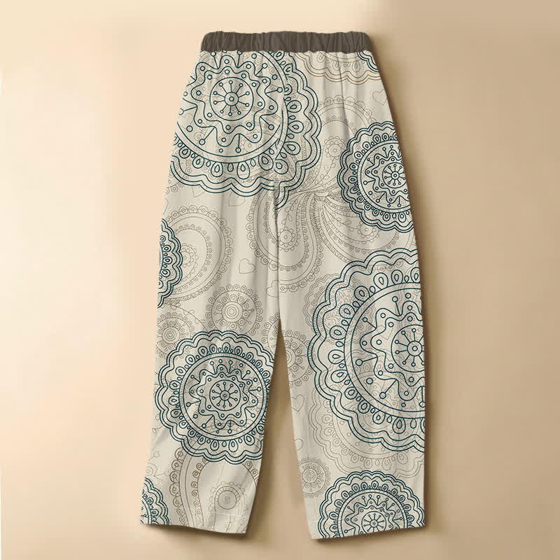 Buddha Stones Spodnie damskie haremowe z czystej bawełny w stylu boho z motywem mandali, z guzikami w kształcie żaby i elastyczną talią i kieszeniami - image 1