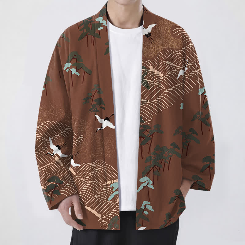 Buddha Stones Bawełniane kimono męskie z odkrytym przodem, z wzorem w białe żurawie i płynące fale - Sjena - US/UK/AU48， EU58 (4XL) - image 0