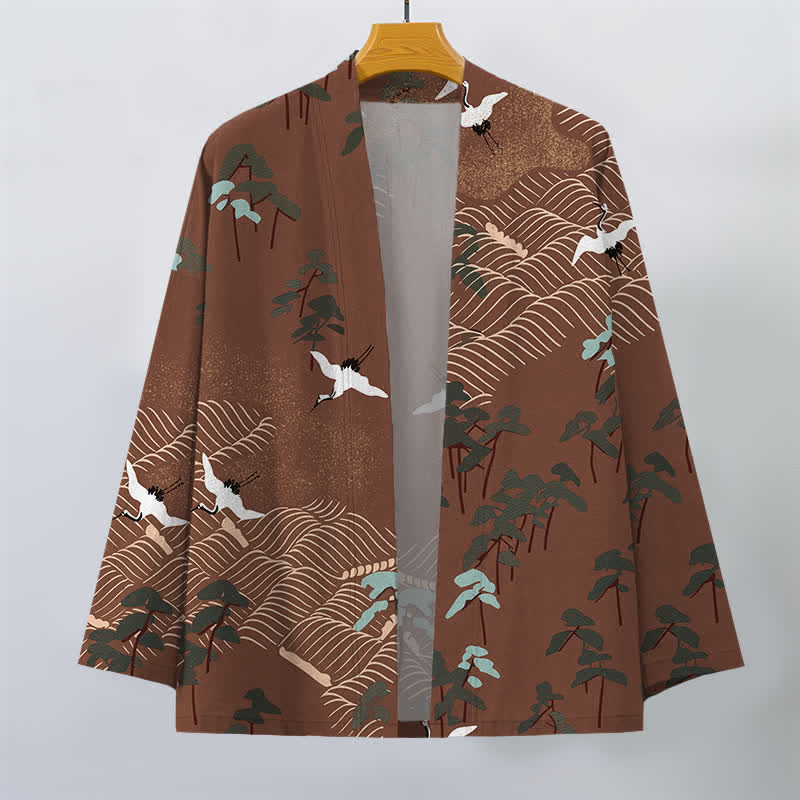 Buddha Stones Bawełniane kimono męskie z odkrytym przodem, z wzorem w białe żurawie i płynące fale - image 1