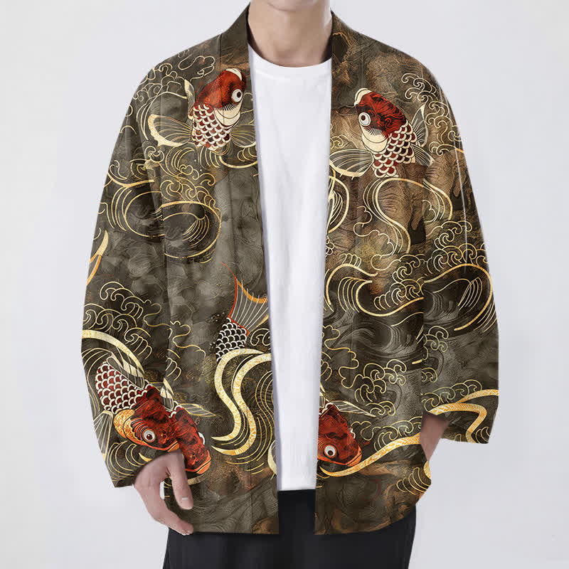 Buddha Stones Bawełniane kimono męskie z wzorem w czerwone ryby Koi i złote fale z otwartym przodem - Oliwka - US/UK/AU48， EU58 (4XL) - image 0