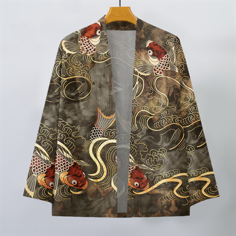 Buddha Stones Bawełniane kimono męskie z wzorem w czerwone ryby Koi i złote fale z otwartym przodem - image 1