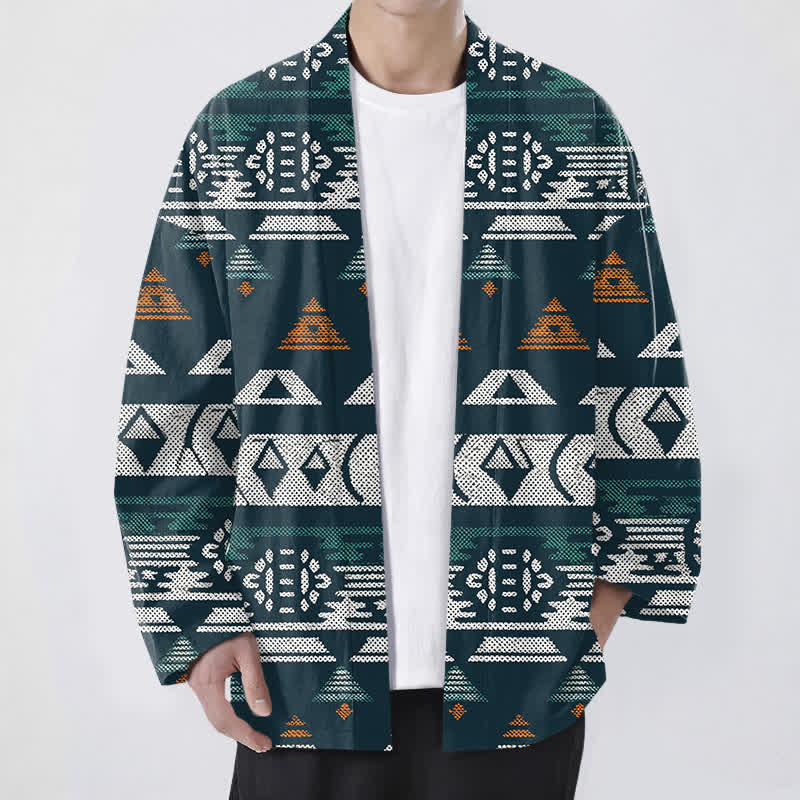 Buddha Stones Męskie kimono z bawełny w kolorze turkusowym z geometrycznym wzorem azteckim, otwarte z przodu - Cyraneczka - US/UK/AU48， EU58 (4XL) - image 0
