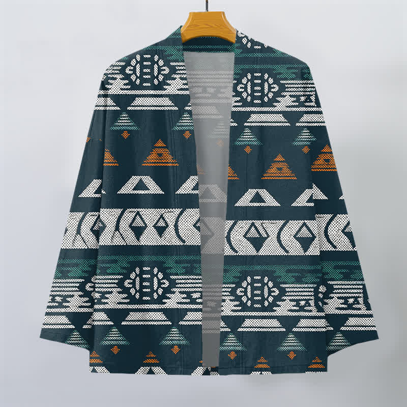 Buddha Stones Męskie kimono z bawełny w kolorze turkusowym z geometrycznym wzorem azteckim, otwarte z przodu - image 1