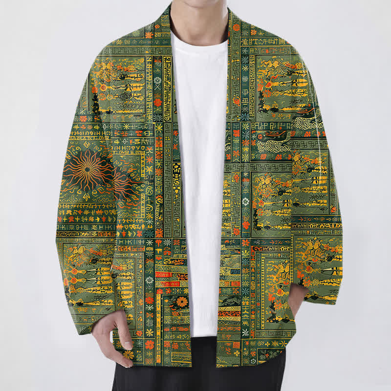 Buddha Stones Bawełniane kimono męskie w stylu vintage z wielokolorowym patchworkowym wzorem kwiatowym z otwartym przodem - Oliwka - US/UK/AU48， EU58 (4XL) - image 0