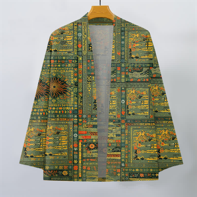 Buddha Stones Bawełniane kimono męskie w stylu vintage z wielokolorowym patchworkowym wzorem kwiatowym z otwartym przodem - image 1