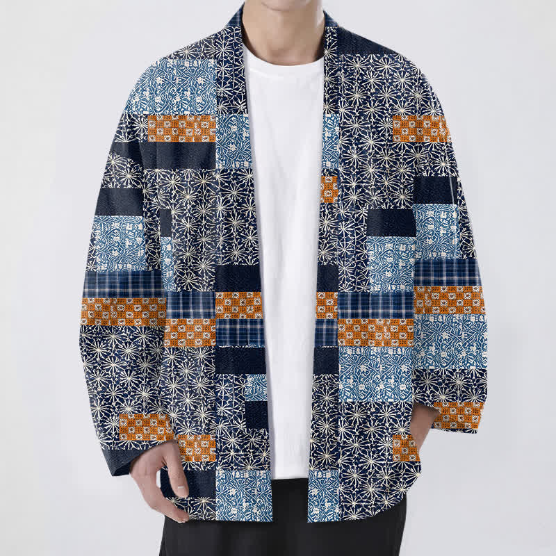 Buddha Stones Bawełniane kimono męskie z geometrycznym wzorem w kratkę, z odkrytym przodem - Marynarka wojenna - US/UK/AU48， EU58 (4XL) - image 0