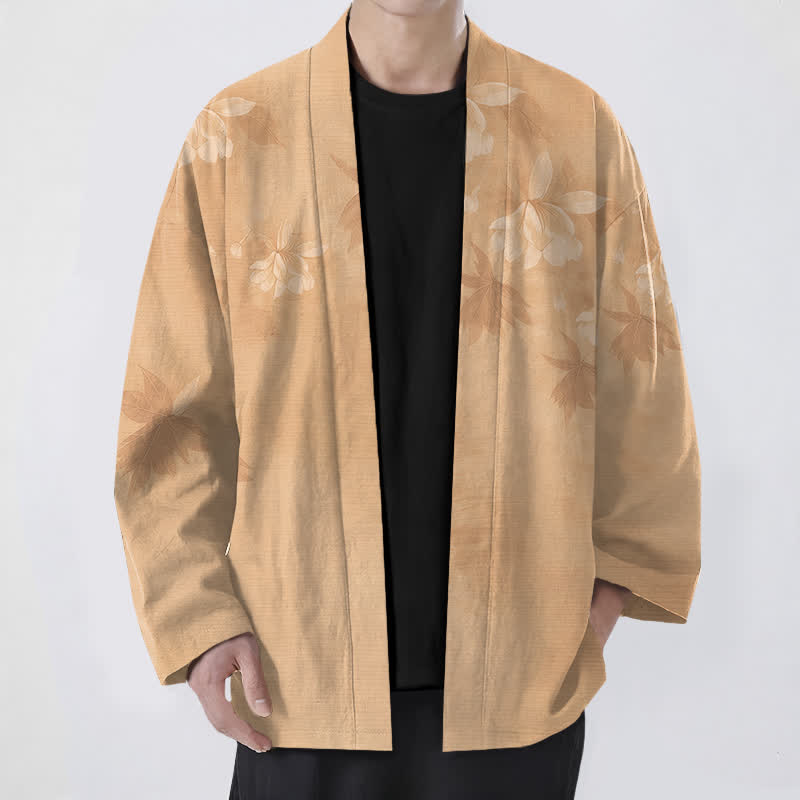 Buddha Stones Bawełniane kimono męskie z subtelnym kwiatowym wzorem liści, otwarte z przodu - Dębnik - US/UK/AU48， EU58 (4XL) - image 0