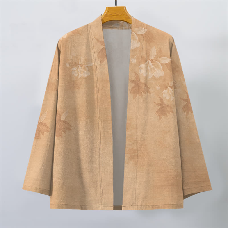 Buddha Stones Bawełniane kimono męskie z subtelnym kwiatowym wzorem liści, otwarte z przodu - image 1
