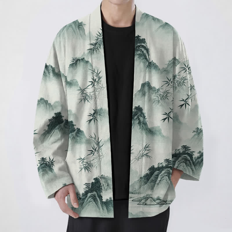Buddha Stones Kimono męskie z odkrytym przodem i wzorem krajobrazu z bambusa i tuszem bawełnianym - DarkSeaGreen - US/UK/AU48， EU58 (4XL) - image 0
