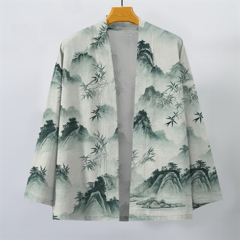 Buddha Stones Kimono męskie z odkrytym przodem i wzorem krajobrazu z bambusa i tuszem bawełnianym - image 1