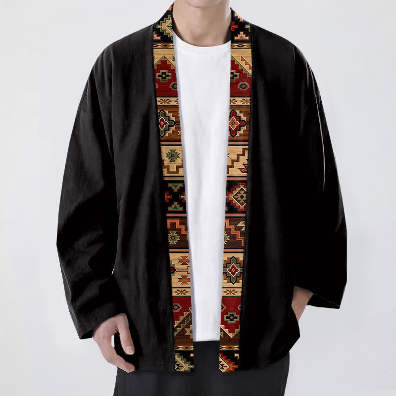 Buddha Stones Męskie kimono z bawełny z geometrycznym wzorem plemiennym, otwarte z przodu - Czarny - US/UK/AU48， EU58 (4XL) - image 0