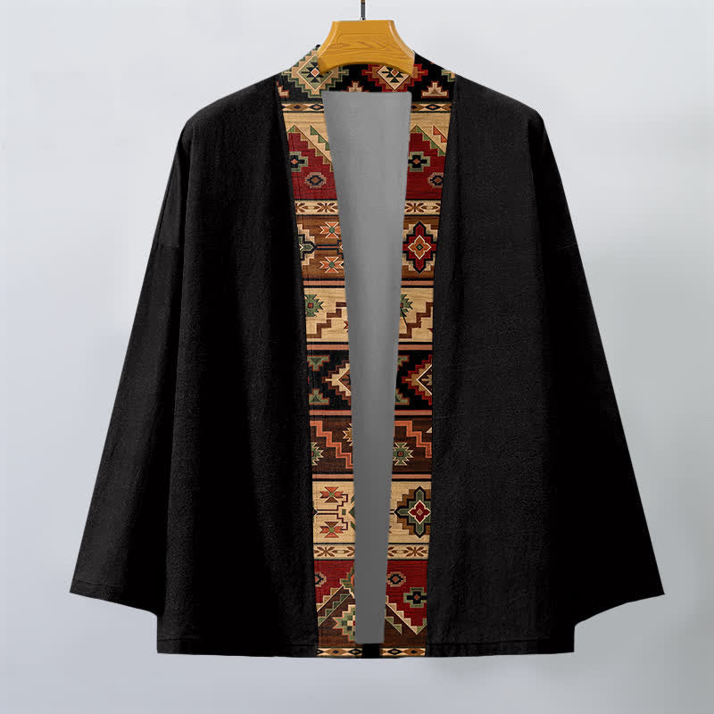 Buddha Stones Męskie kimono z bawełny z geometrycznym wzorem plemiennym, otwarte z przodu - image 1
