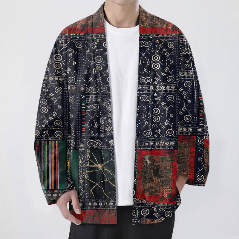 Buddha Stones Bawełniane kimono męskie z geometrycznym wzorem plemiennym, z odkrytym przodem - Marynarka wojenna - US/UK/AU48， EU58 (4XL) - image 0