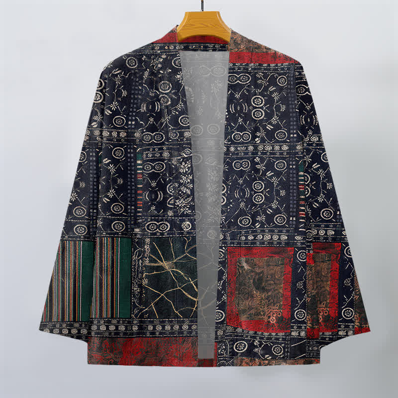Buddha Stones Bawełniane kimono męskie z geometrycznym wzorem plemiennym, z odkrytym przodem - image 1