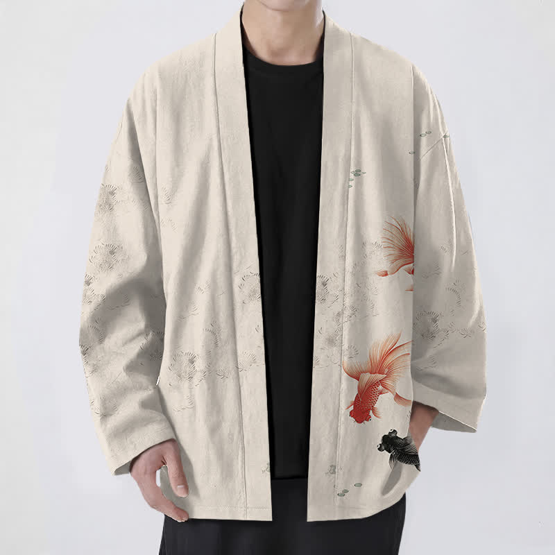 Buddha Stones Bawełniane kimono męskie z motywem fal i ryb koi z otwartym przodem - Bielizna - US/UK/AU48， EU58 (4XL) - image 0