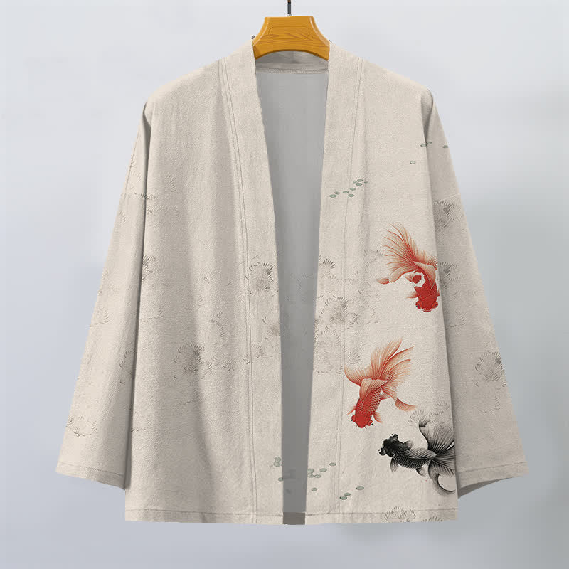 Buddha Stones Bawełniane kimono męskie z motywem fal i ryb koi z otwartym przodem - image 1