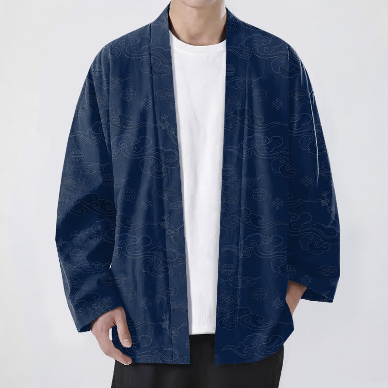 Buddha Stones Bawełniane kimono męskie z odkrytym przodem i wzorem „Auspicious Clouds” - Marynarka wojenna - US/UK/AU48， EU58 (4XL) - image 0