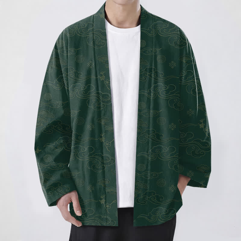 Buddha Stones Bawełniane kimono męskie z odkrytym przodem i wzorem „Auspicious Clouds” - ForestGreen - US/UK/AU48， EU58 (4XL) - image 9