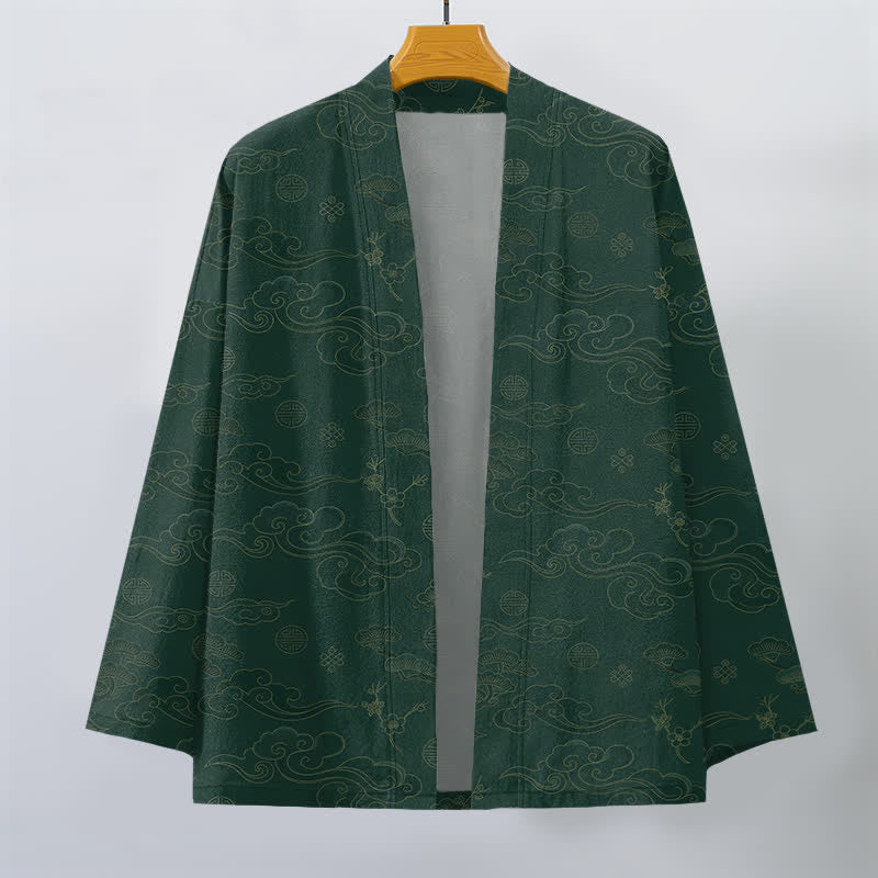 Buddha Stones Bawełniane kimono męskie z odkrytym przodem i wzorem „Auspicious Clouds” - image 10