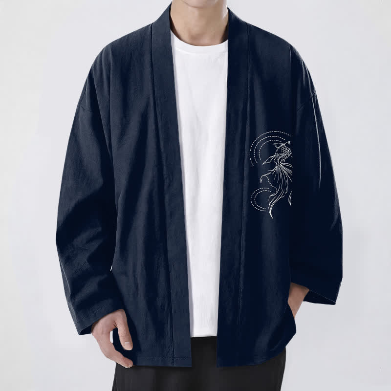Buddha Stones Bawełniane białe kimono męskie z wzorem falistym Koi z otwartym przodem - Marynarka wojenna - US/UK/AU48， EU58 (4XL) - image 0