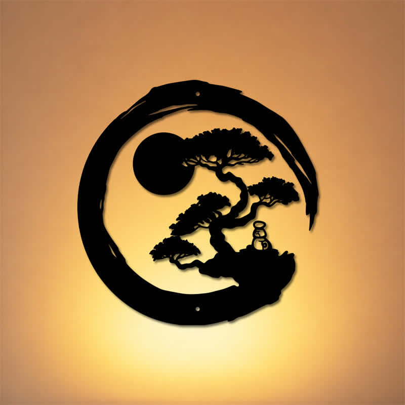Buddha Stones Metalowy krąg zen sosnowy oświecenie bonsai żelazo znaczące symbole sztuka ścienna - image 0