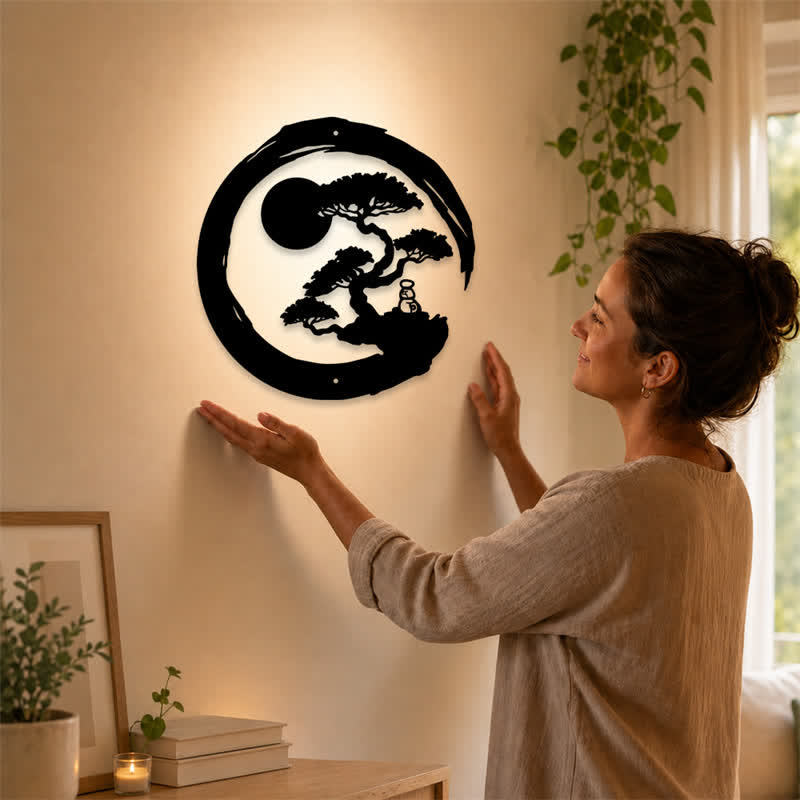 Buddha Stones Metalowy krąg zen sosnowy oświecenie bonsai żelazo znaczące symbole sztuka ścienna - image 1
