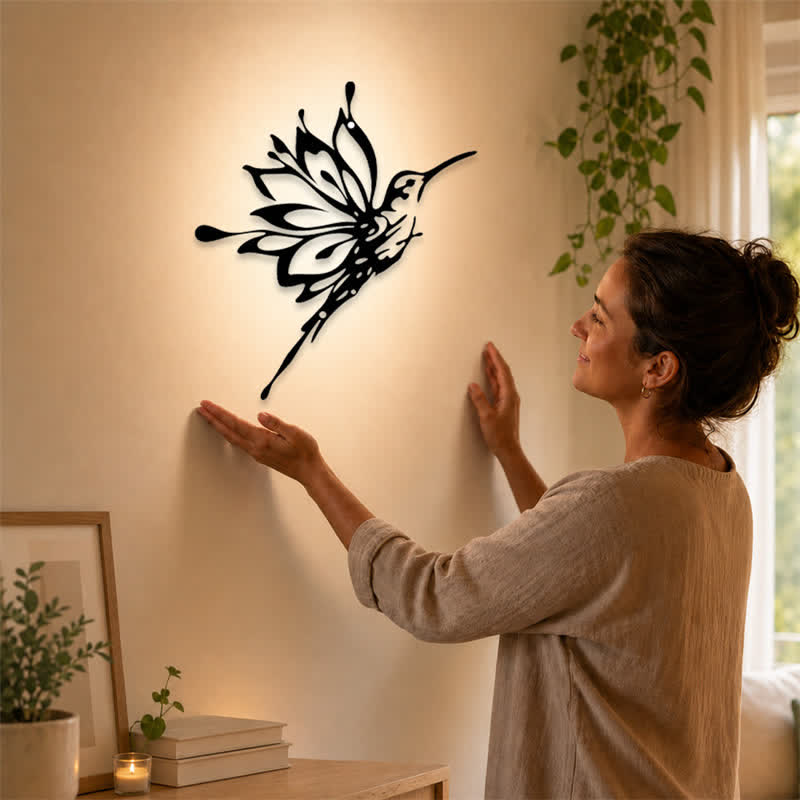 Buddha Stones Lotus Hummingbird Nowe Początki Matowa Czarna Sylwetka Żelaza Znaczące Symbole Ścienne Sztuka - image 1