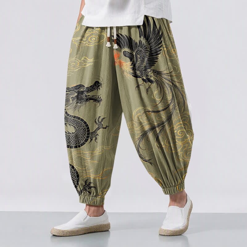 Buddha Stones Spodnie haremowe męskie z czystej bawełny z motywem chmur smoka i feniksa, ze ściągaczem i kieszeniami - Oliwka - US/UK/AU50, EU60 (5XL) - image 0