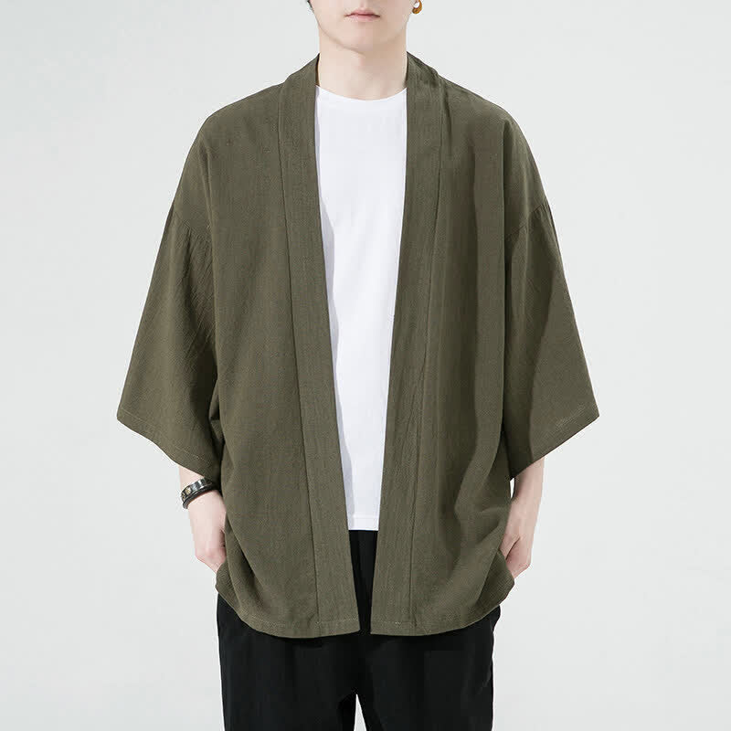 Buddha Stones Letnie, swobodne, minimalistyczne, jednolite kimona męskie - Oliwkowy - US/UK/AU46, EU56 (5XL) - image 2