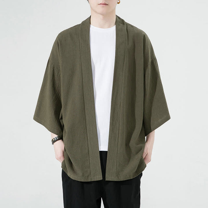 Buddha Stones Letnie, swobodne, minimalistyczne, jednolite kimona męskie - Oliwkowy - US/UK/AU46, EU56 (5XL) - image 2