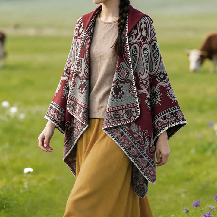 Buddha Stones Jesienno-zimowy szal z kapturem w stylu boho, wzór paisley, geometryczny - image 19