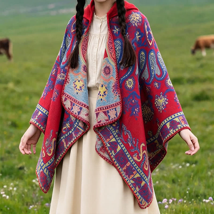 Buddha Stones Jesienno-zimowy szal z kapturem w stylu boho, wzór paisley, geometryczny - image 13