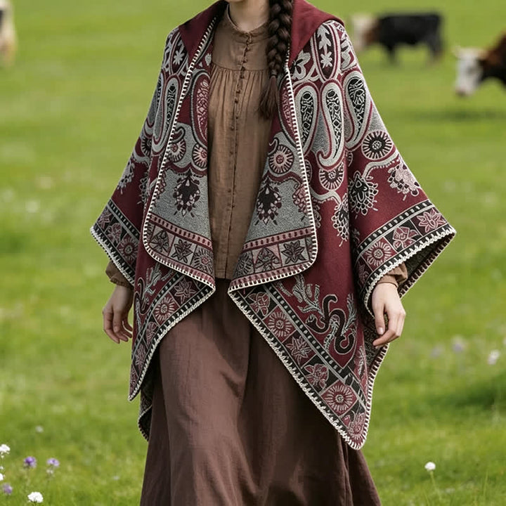 Buddha Stones Jesienno-zimowy szal z kapturem w stylu boho, wzór paisley, geometryczny - image 18