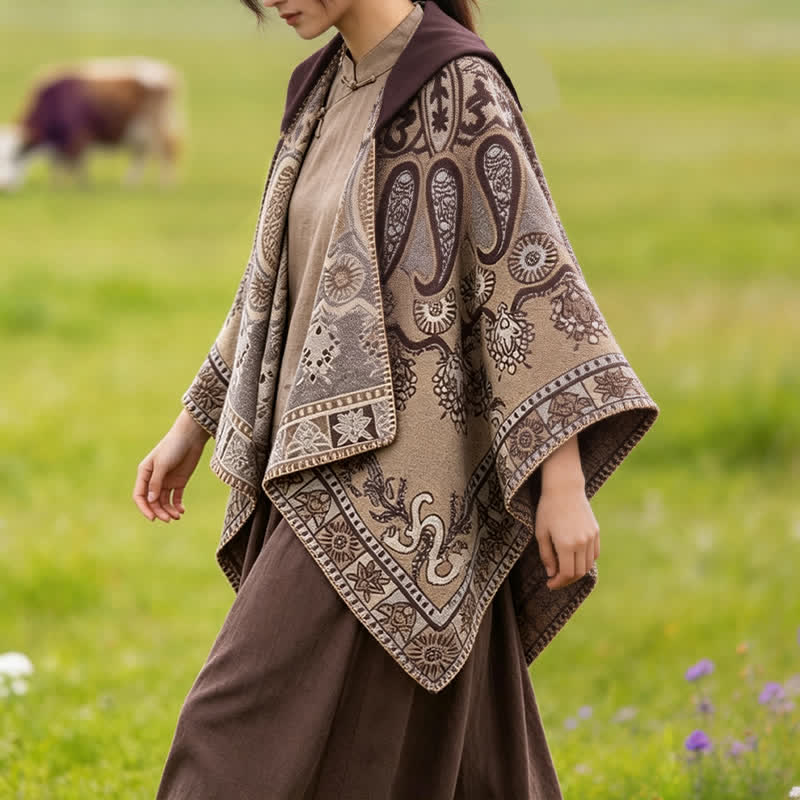 Buddha Stones Jesienno-zimowy szal z kapturem w stylu boho, wzór paisley, geometryczny - image 28
