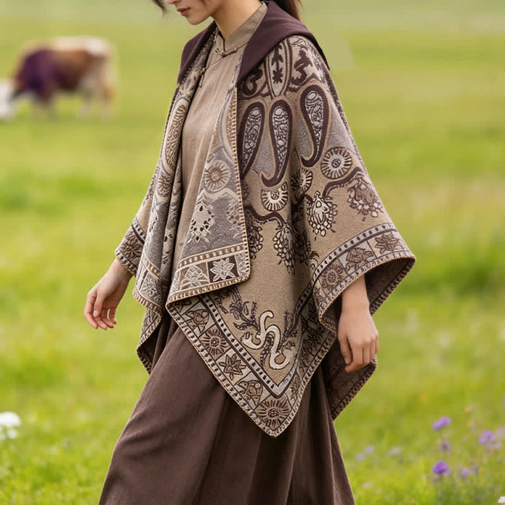 Buddha Stones Jesienno-zimowy szal z kapturem w stylu boho, wzór paisley, geometryczny - image 28