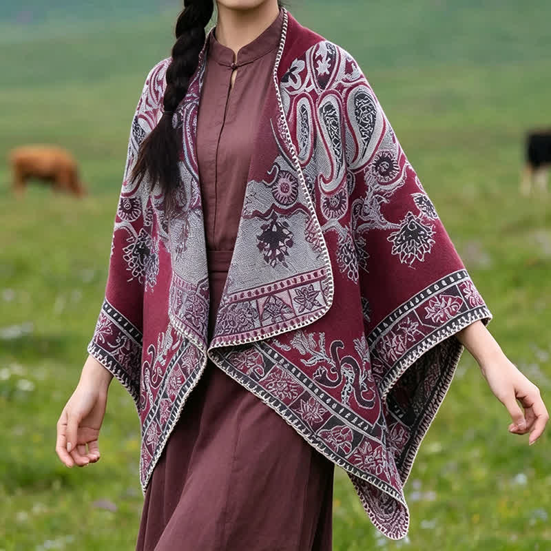 Buddha Stones Jesienno-zimowy szal z kapturem w stylu boho, wzór paisley, geometryczny - Burgundia - 130*150 cm - image 17
