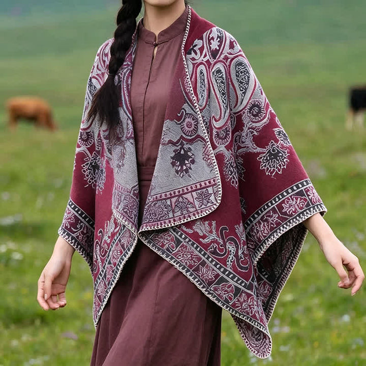 Buddha Stones Jesienno-zimowy szal z kapturem w stylu boho, wzór paisley, geometryczny - Burgundia - 130*150 cm - image 17