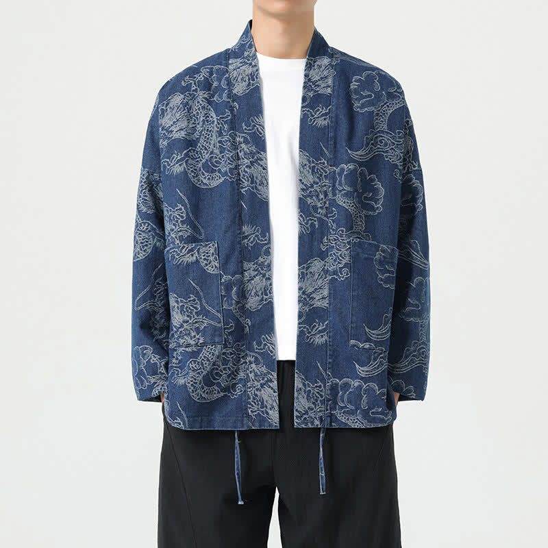 Buddha Stones Wiosenny, vintage'owy męski kimono ze ściągaczem i nadrukiem w chmury smoka z kieszeniami - Stalowoniebieski - US/UK/AU46， EU56 (3XL) - image 0