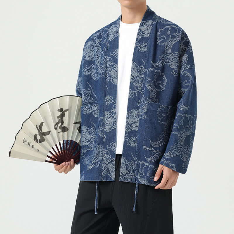 Buddha Stones Wiosenny, vintage'owy męski kimono ze ściągaczem i nadrukiem w chmury smoka z kieszeniami - image 1